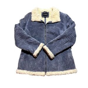 Women's Blue Suede Penny Lane Coat with Faux Fur Trim